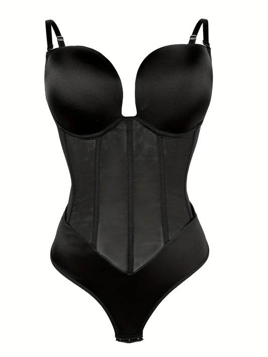 1pc Sexy Corset Solid Color Deep V Neck Contouring Onesie Belly Control Waist Trainer Slimming Thong Shapewear Women'S Lingerie